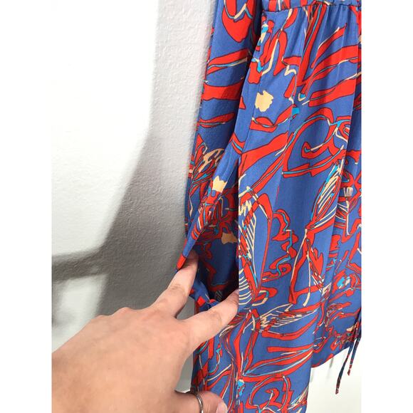 Diane von Frurstenberg 100% Silk Dress Eldsen Blue Red Floral Print Long Sleeve - Picture 6 of 11